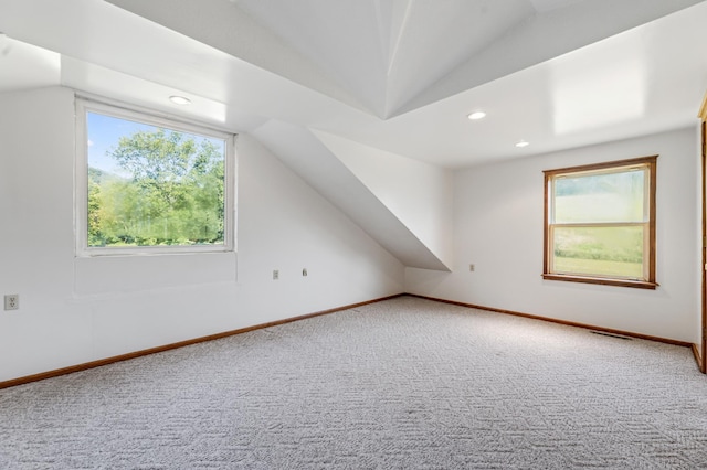 additional living space featuring carpet, vaulted ceiling, and a wealth of natural light