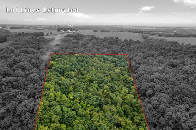 birds eye view of property featuring a wooded view