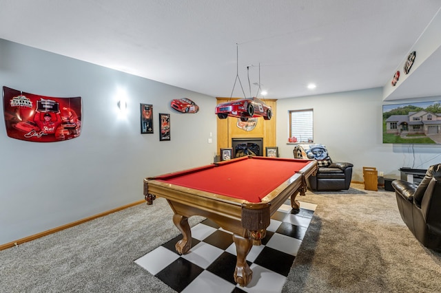 game room with baseboards, carpet floors, a fireplace, and billiards