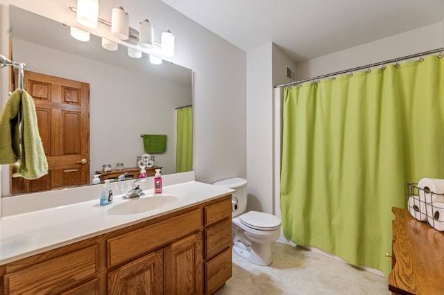 bathroom with tile patterned floors, visible vents, toilet, curtained shower, and vanity