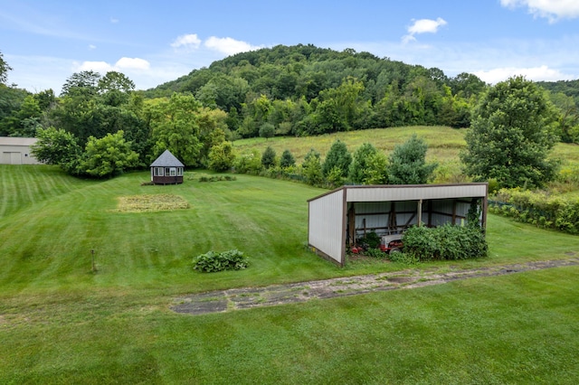 view of yard with an outbuilding and a wooded view