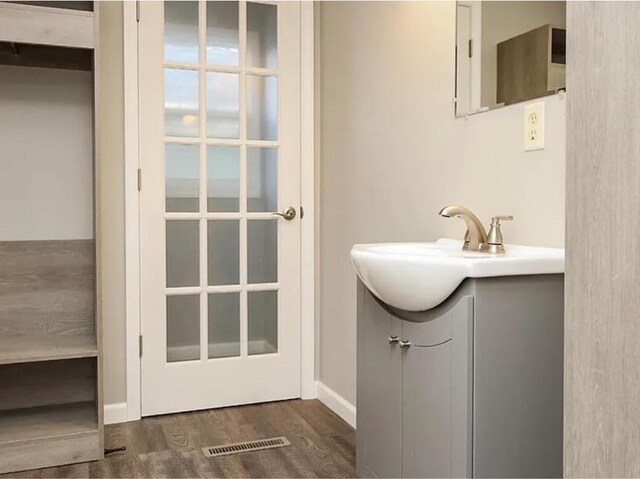 bathroom with vanity and hardwood / wood-style floors