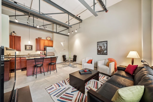 living room featuring a towering ceiling