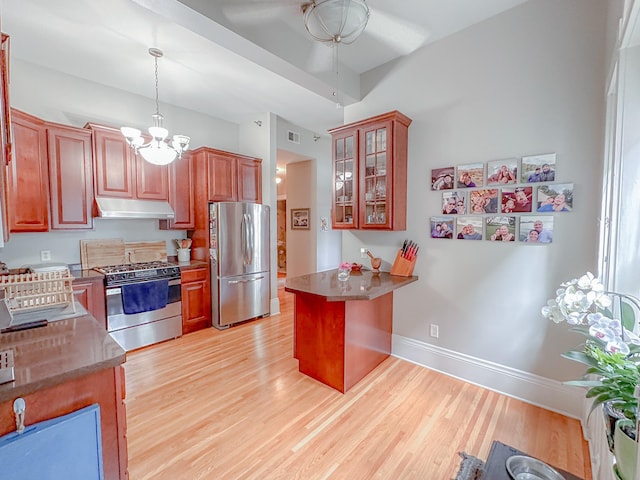 kitchen featuring a chandelier, pendant lighting, stainless steel appliances, and light hardwood / wood-style floors