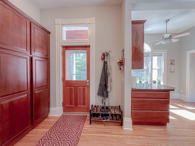 foyer with ceiling fan and light hardwood / wood-style floors