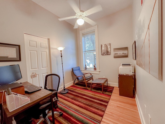 office area featuring hardwood / wood-style floors and ceiling fan