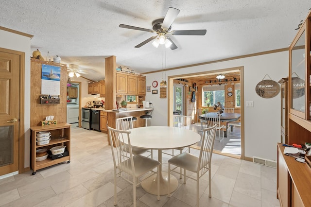 2894 115th Ave, Greenbush Twp, MN 55371 - dining area with a ceiling fan, ornamental molding, a textured ceiling, and baseboards