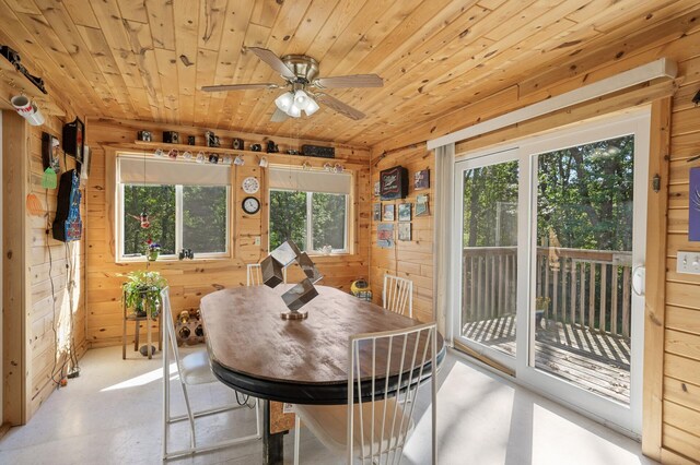2894 115th Ave, Greenbush Twp, MN 55371 - dining area with wood walls, wood ceiling, and a ceiling fan