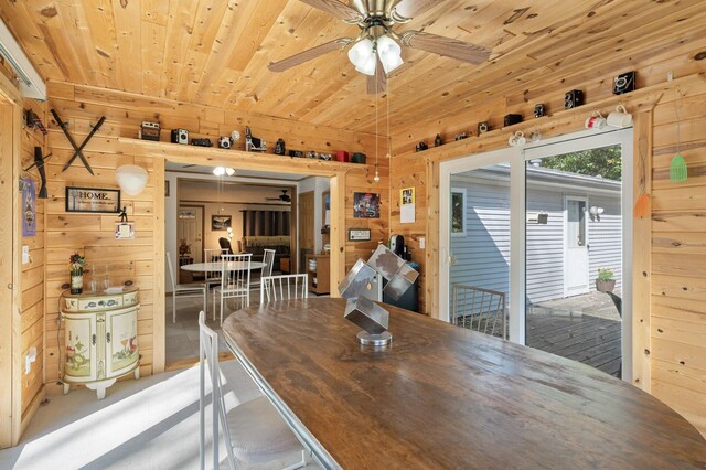 2894 115th Ave, Greenbush Twp, MN 55371 - dining area with wood walls, wooden ceiling, and a ceiling fan