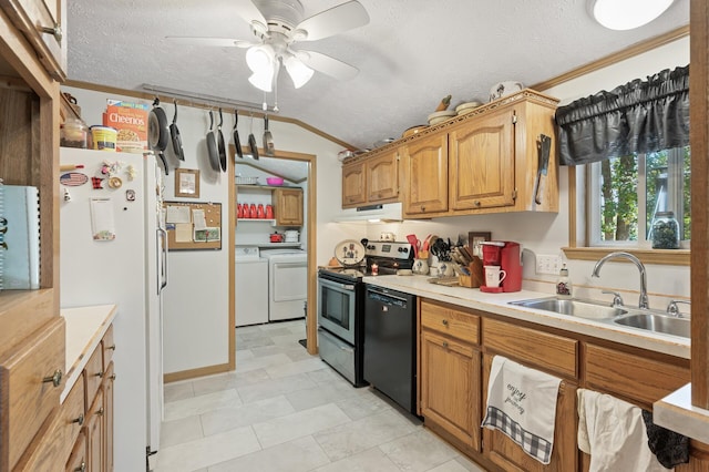 2894 115th Ave, Greenbush Twp, MN 55371 - kitchen featuring electric stove, freestanding refrigerator, black dishwasher, independent washer and dryer, and a sink