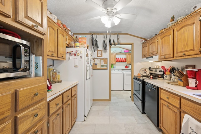 2894 115th Ave, Greenbush Twp, MN 55371 - kitchen with appliances with stainless steel finishes, independent washer and dryer, lofted ceiling, light countertops, and a ceiling fan