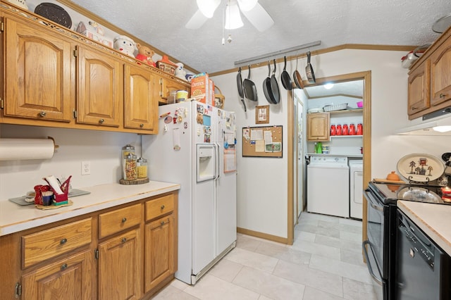 2894 115th Ave, Greenbush Twp, MN 55371 - kitchen with under cabinet range hood, black appliances, washing machine and dryer, crown molding, and a ceiling fan