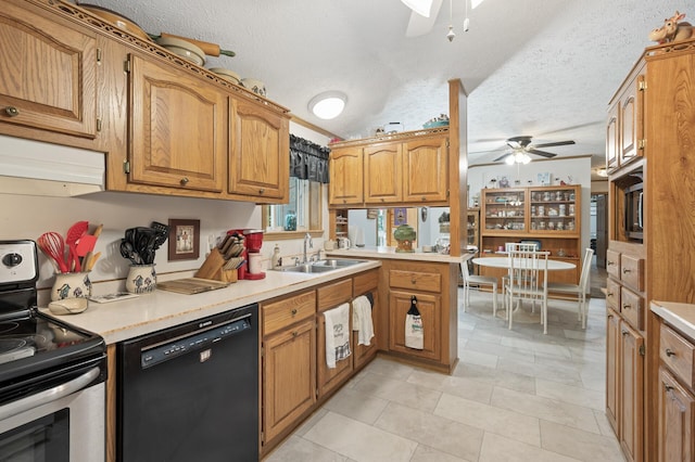 2894 115th Ave, Greenbush Twp, MN 55371 - kitchen with dishwasher, stainless steel electric stove, a sink, ceiling fan, and a textured ceiling