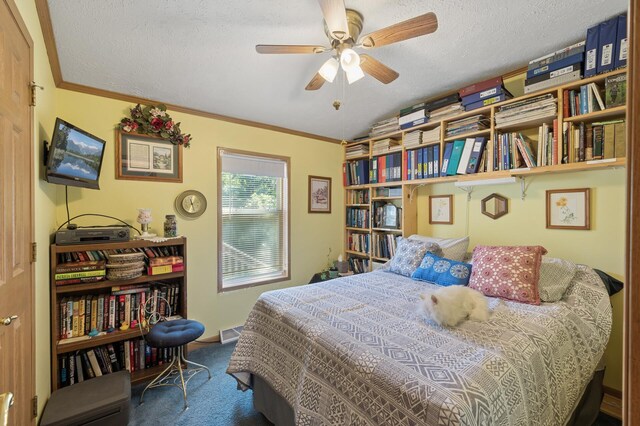 2894 115th Ave, Greenbush Twp, MN 55371 - carpeted bedroom with a textured ceiling, ornamental molding, ceiling fan, and baseboards