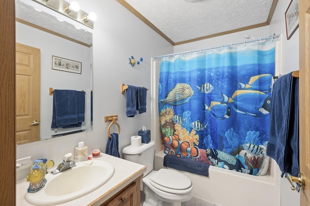 2894 115th Ave, Greenbush Twp, MN 55371 - bathroom featuring crown molding, a textured ceiling, vanity, toilet, and shower / bath combination with curtain