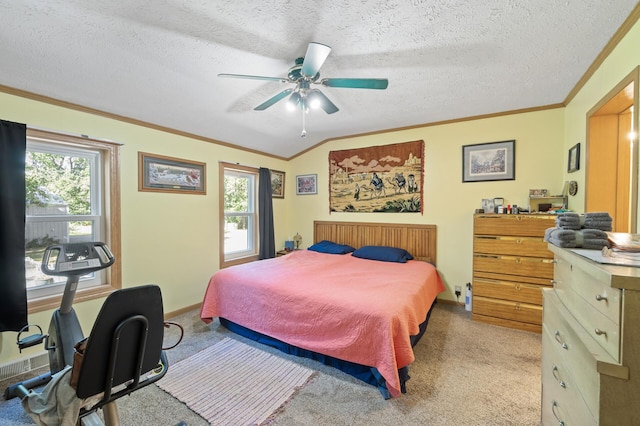 2894 115th Ave, Greenbush Twp, MN 55371 - bedroom with light carpet, multiple windows, crown molding, a textured ceiling, and a ceiling fan