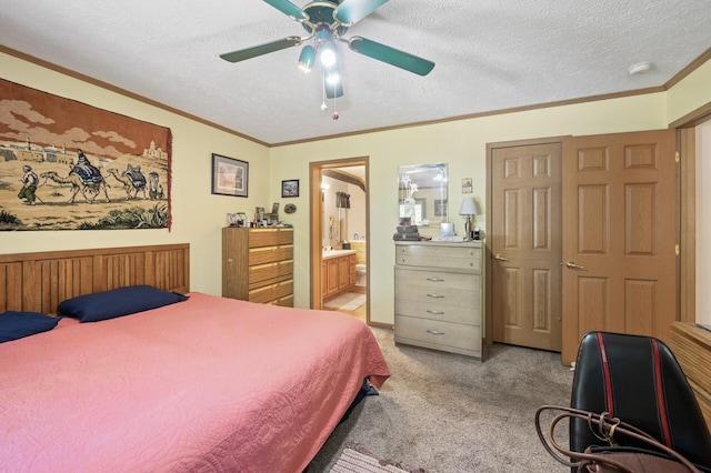 2894 115th Ave, Greenbush Twp, MN 55371 - bedroom featuring light colored carpet, a textured ceiling, crown molding, connected bathroom, and ceiling fan