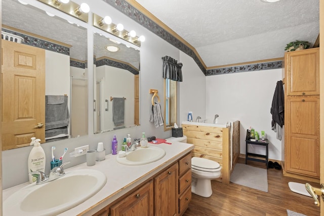 2894 115th Ave, Greenbush Twp, MN 55371 - bathroom featuring a textured ceiling, wood finished floors, double vanity, and toilet