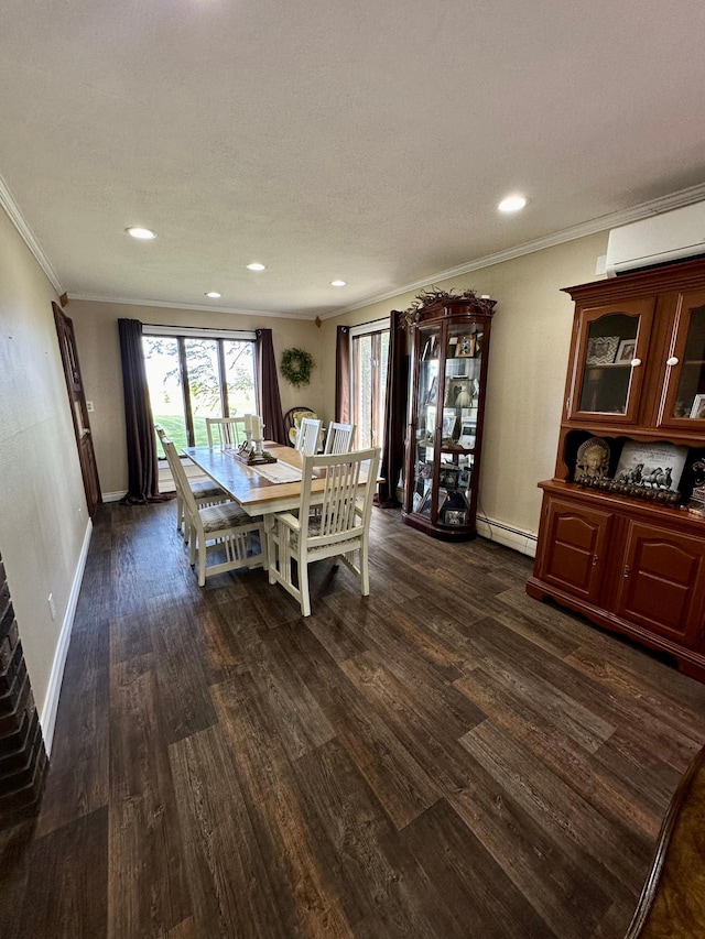 dining space featuring a baseboard radiator, dark hardwood / wood-style floors, ornamental molding, and a wall unit AC