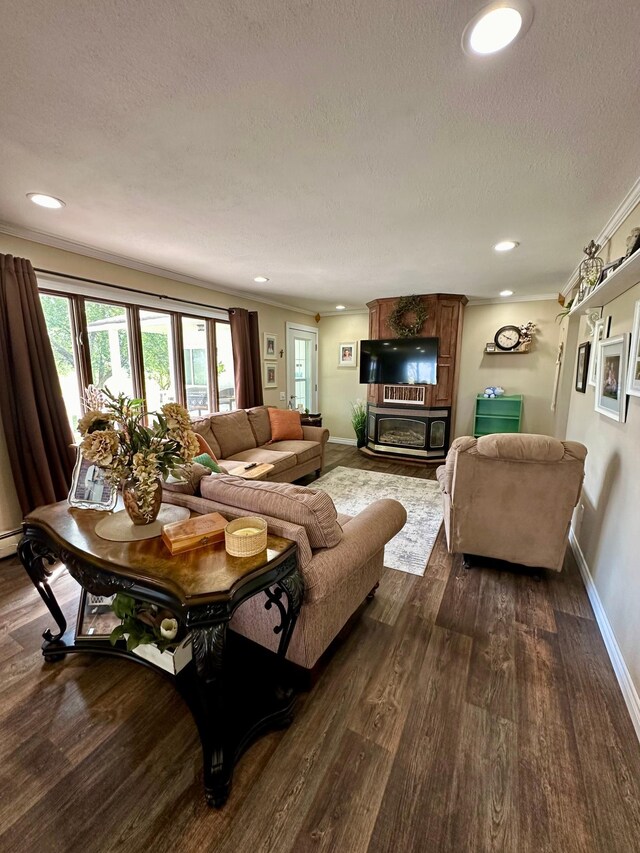 living room with a textured ceiling, crown molding, and hardwood / wood-style floors