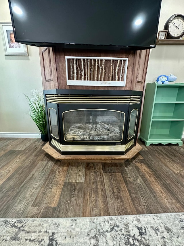 room details featuring hardwood / wood-style flooring and a wood stove