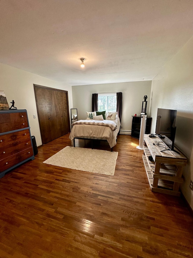 bedroom with a closet, dark hardwood / wood-style flooring, and a baseboard heating unit