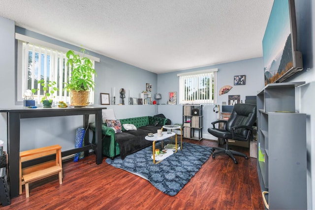 living room with hardwood / wood-style floors and a textured ceiling