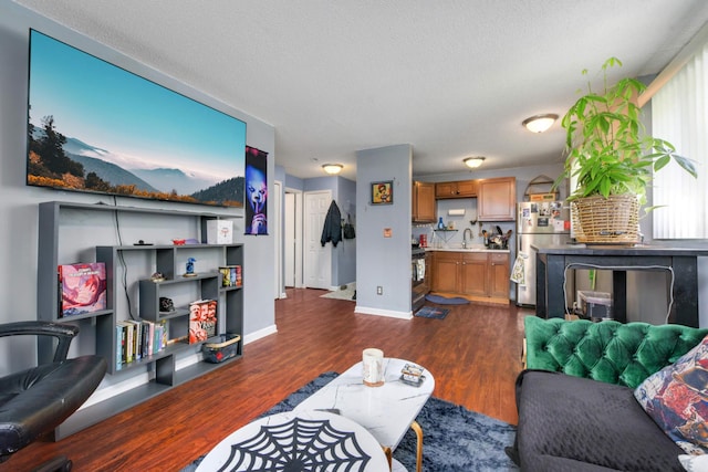 living room featuring sink, a textured ceiling, and dark hardwood / wood-style flooring