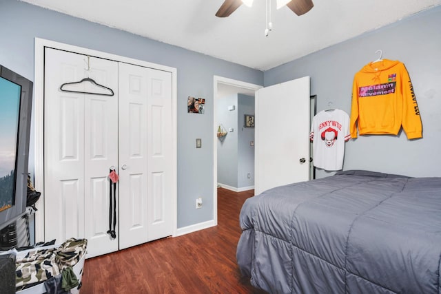 bedroom featuring dark hardwood / wood-style floors, a closet, and ceiling fan