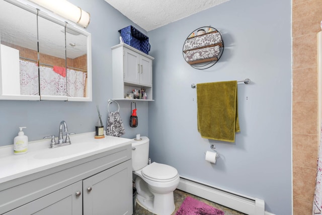 bathroom featuring toilet, a baseboard heating unit, curtained shower, vanity, and a textured ceiling