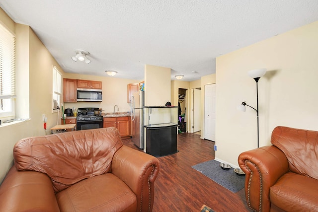 living room featuring sink, a textured ceiling, and dark hardwood / wood-style flooring