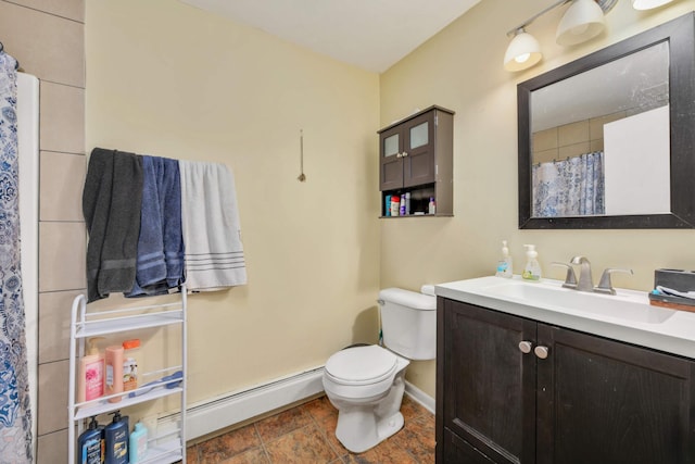 bathroom with vanity, toilet, a baseboard radiator, and a shower with curtain