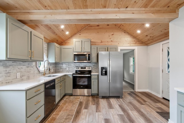 kitchen featuring lofted ceiling with beams, stainless steel appliances, light hardwood / wood-style flooring, and sink