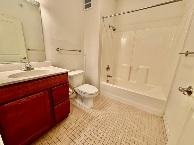 full bath featuring tile patterned flooring, visible vents, toilet, vanity, and shower / tub combination