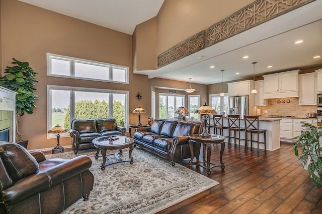 living room with a fireplace, a towering ceiling, and dark hardwood / wood-style flooring