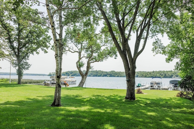 view of yard featuring a boat dock and a water view