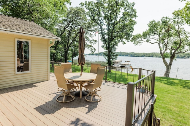 deck featuring a water view and a yard