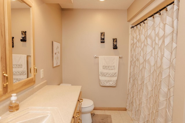 bathroom featuring walk in shower, tile patterned flooring, vanity, and toilet