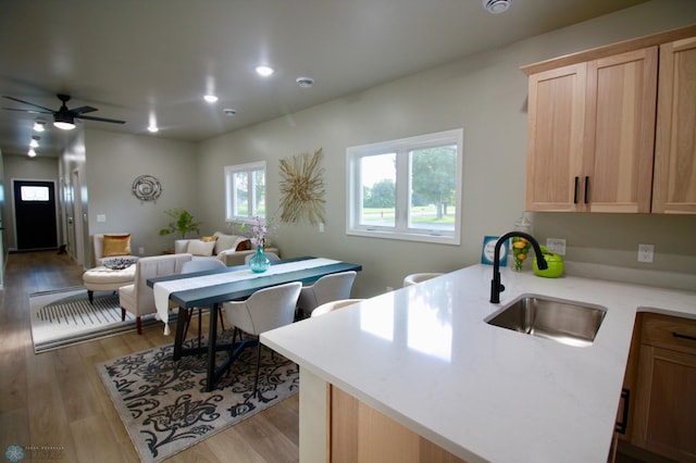 501 1st St NE, Hankinson, ND 58041 - kitchen with light wood finished floors, light countertops, light brown cabinets, a sink, and a peninsula