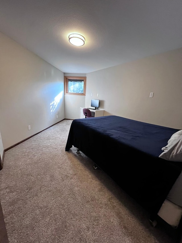 carpeted bedroom with a textured ceiling