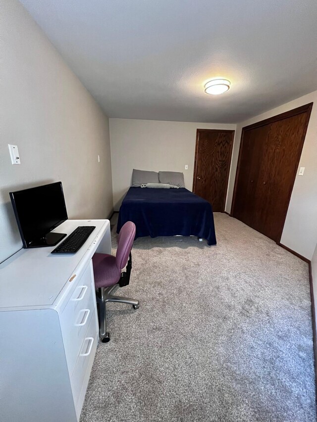 bedroom with light carpet