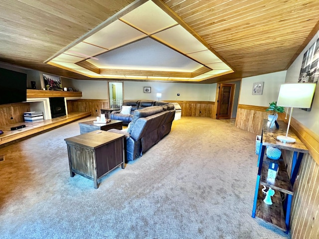 living room featuring a tray ceiling, carpet, and wooden walls