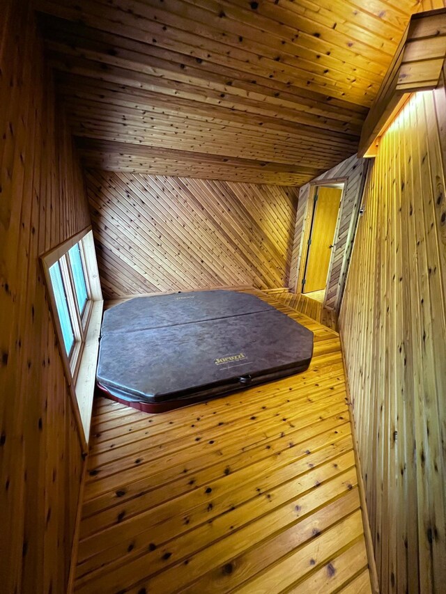 view of sauna / steam room featuring wood walls, wooden ceiling, and wood-type flooring