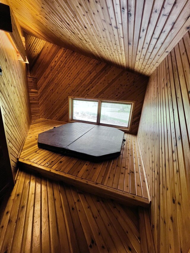 view of sauna / steam room with wood walls, wooden ceiling, and hardwood / wood-style floors