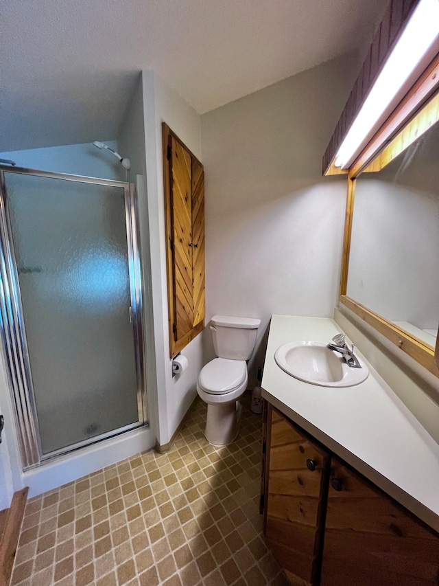 bathroom featuring toilet, a shower with door, and vanity