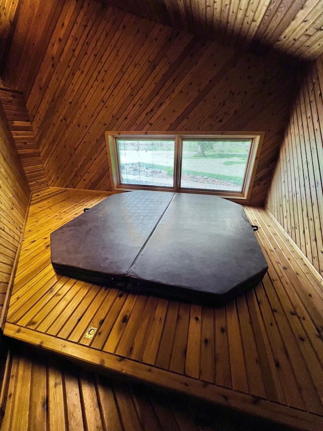 interior space featuring wooden walls and wooden ceiling