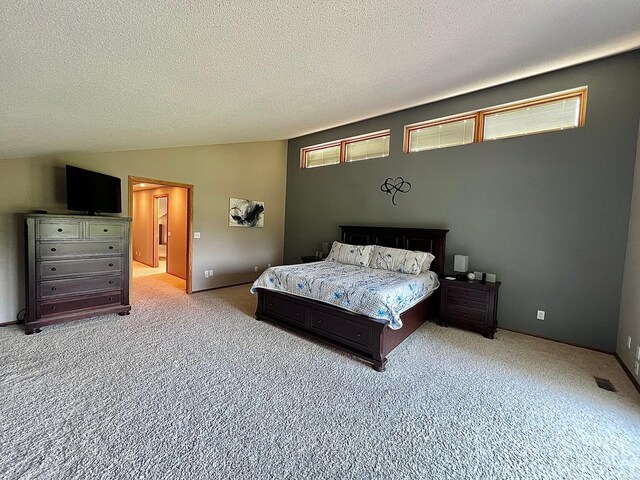 bedroom featuring a textured ceiling, light carpet, and multiple windows