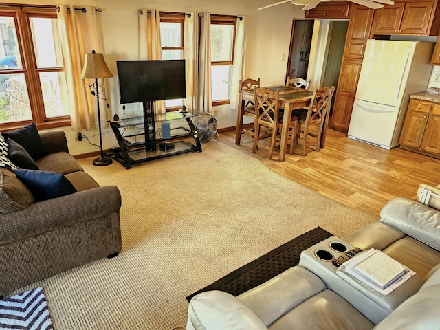 living room featuring a healthy amount of sunlight, light wood-type flooring, and baseboards