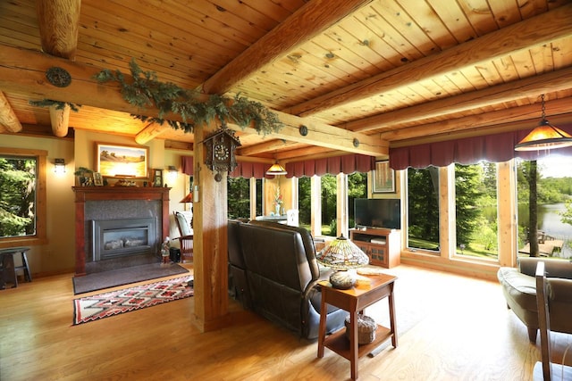 living room featuring a fireplace with flush hearth, plenty of natural light, wooden ceiling, and wood finished floors
