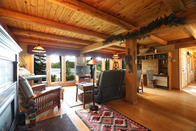 living area with beamed ceiling, wooden ceiling, and wood finished floors